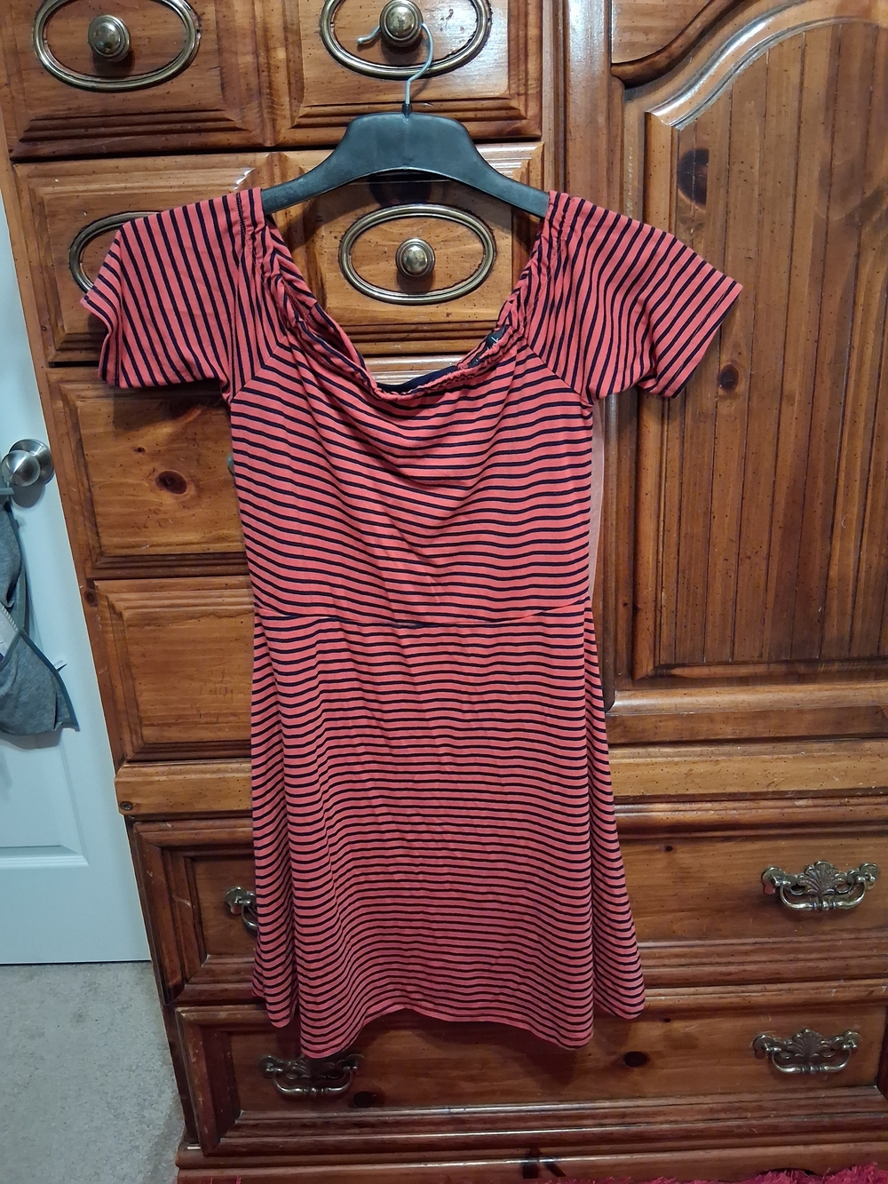 Pink/Redish & Navy Blue Striped Short Sleeve Dress